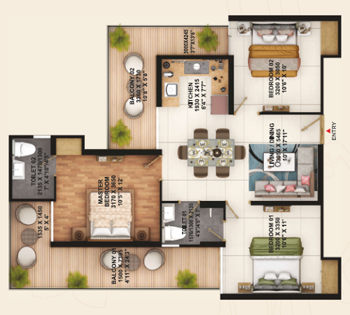 3 BHK 1350 sq.ft. Layout Plan